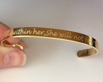 Engraved Cuff Bracelet: "God is within her" - Stainless Steel