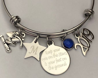 graduation bracelet-"Keep your eyes on the stars & your feet on the ground"engraved personalized graduation bracelet-initial charm bracelet