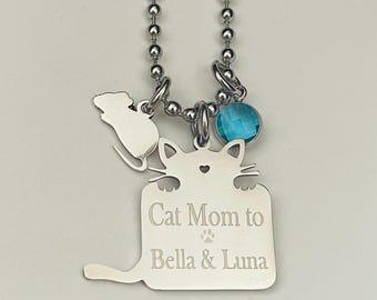Personalized Cat Mom Necklace, Engraved Stainless Steel Charm, Birthstone & Mouse