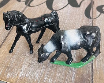Vintage Metal Cow and Horse Figurines – Farm Animal Set, Shows Wear