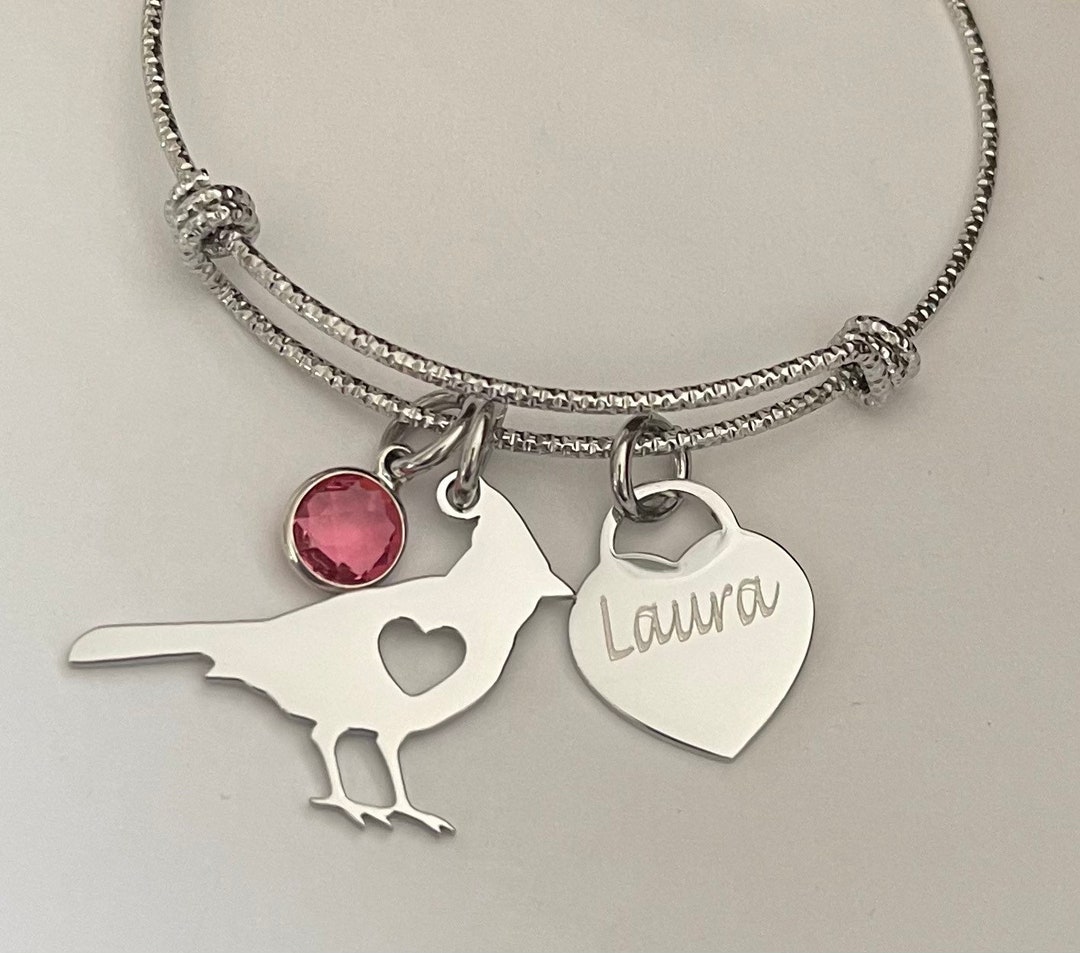 Personalized Heart Link Bracelet – Custom Engraved Name & Birthstone, Adjustable, Gift For Mom, Her