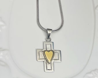 Vintage Sterling Silver Necklace with Mexico sterling silver and brass Cross pendant