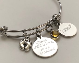 Personalized Grandmother Bracelet: Engraved Name & Birthstone Charm