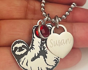 Sloth necklace-personalized engraved stainless steel Sloth necklace-with birthstone and name charm