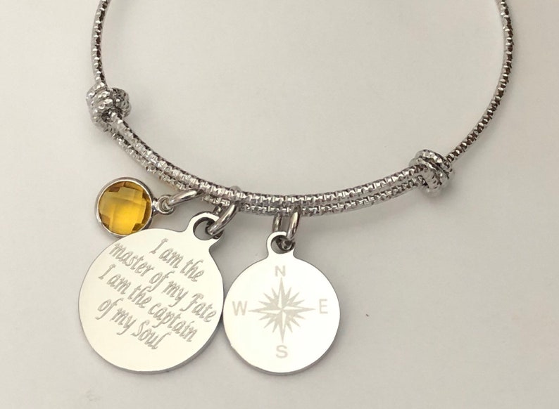 Compass bracelet engraved I am the master of my fate I am the captain of my soul-personalized engraved stainless steel charm bracelet stainlss diamond cut