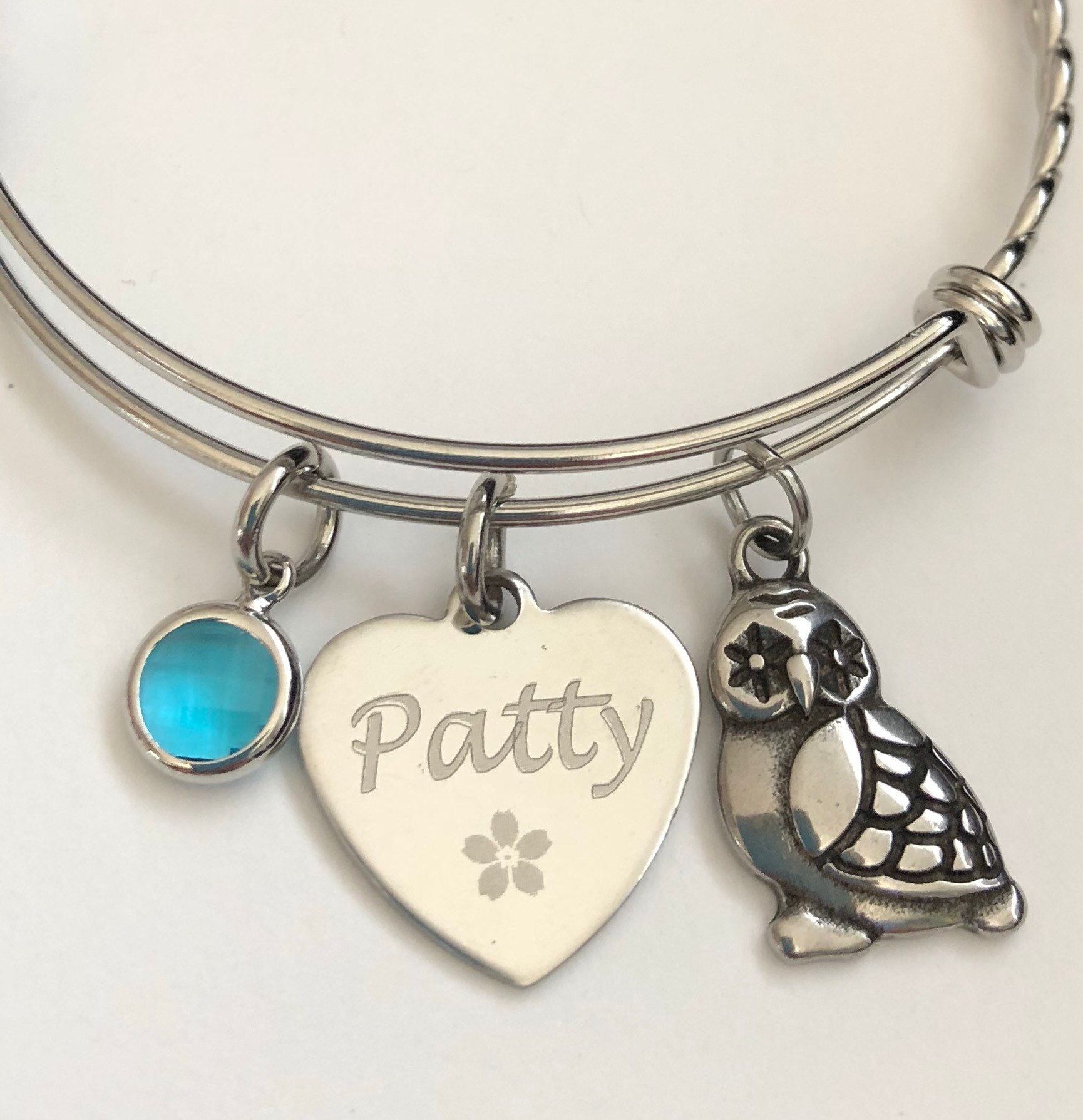 Engraved Owl Bracelet: Personalized Name Charm, Birthstone Jewelry