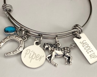 Personalized Horse Charm Bracelet: Engraved Name, Birthstone, Equestrian Jewelry