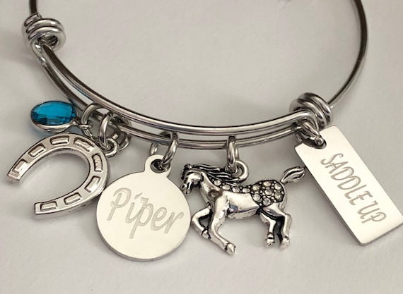 Personalized Horse Charm Bracelet: Engraved Name, Birthstone, Equestrian Jewelry