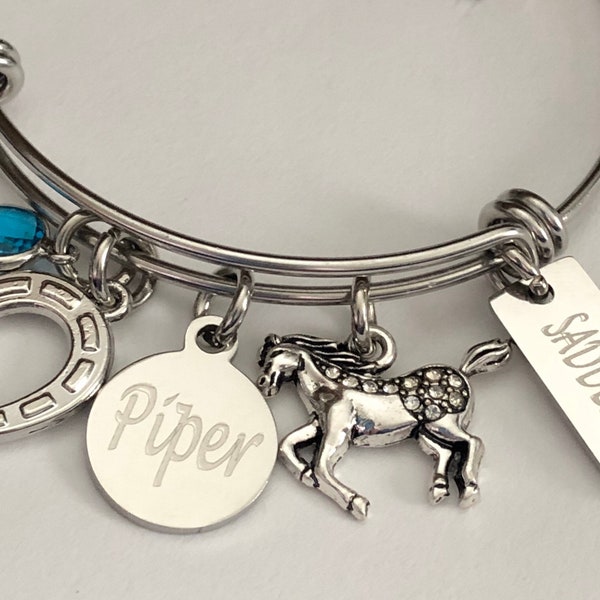 Horse Bracelet-Personalized horse bracelet with Name charm, birthstone and engraved saddle up charm-cowgirl charm-equestrian bracelet