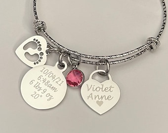 Personalized Baby Birth Stat Bracelet: Stainless Steel Charm, New Mom Gift