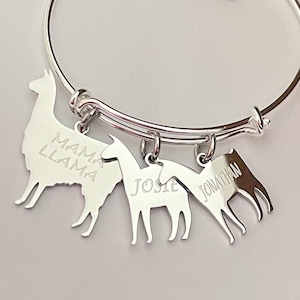 Mama llama bracelet with baby llamas-stainless steel personalized Mama llama with baby llamas charms engraved with names