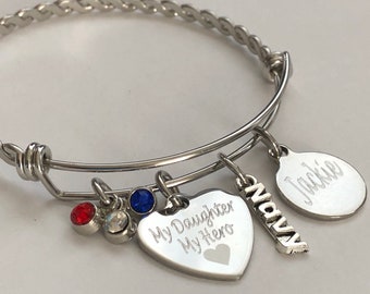 My daughter My Hero engraved bracelet-Navy Mom-Marine Mom-Army Mom- Air Force Momgreat for stacking and layering