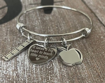 Teacher Bracelet: Stainless Steel Apple & Ruler Charm Jewelry