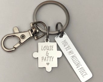 Personalized stainless steel Key Chain- Engraved "You’re my missing piece” & couples names engraved on a puzzle piece