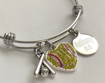 Softball Mom bracelet-Personalized softball bracelet-personalized softball bracelet with players name and number on a charm