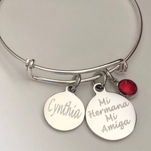 Mi Hermana Mi Amiga engraved bracelet-with birthstone and engraved name charm-Spanish bracelet great for stacking and layering