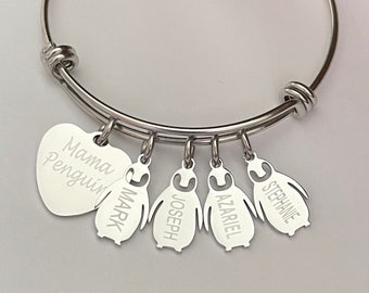 Personalized Penguin Bracelet: Engraved Names, Mother's Day Gift