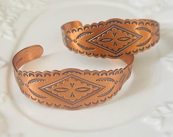 One Vintage Solid Copper Cuff Bracelet: Southwestern Design-Measures 5” with 1 1/4” gap total 6 1/4”