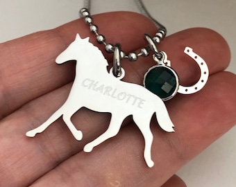 Personalized Horse Necklace: Engraved Stainless Steel Charm, Birthstone & Horseshoe