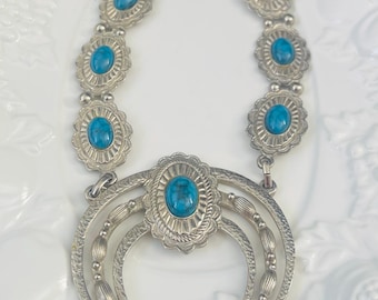 Vintage Squash Blossom Necklace-Faux turquoise stones-silver plated