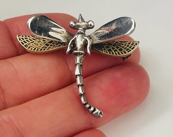 Sterling silver Vintage Dragonfly brooch pin with two tones