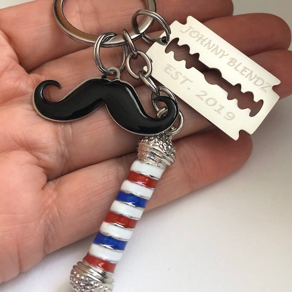 Barber shop pole key chain-razor blade-mustache barber-gift-barber gift-personalized key chain