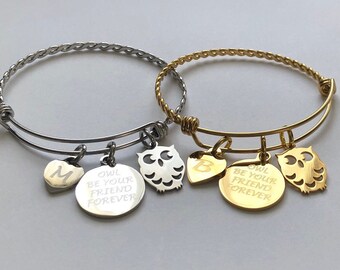 Owl Charm Bracelet: Engraved Stainless Steel Bangle, Initial Charm