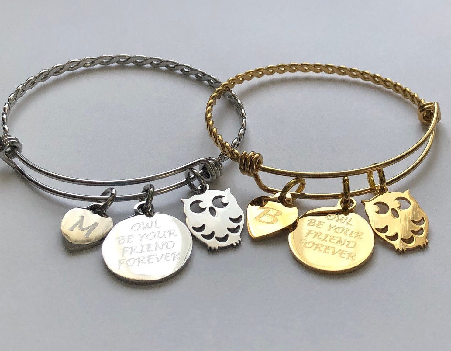 Owl Charm Bracelet: Engraved Stainless Steel Bangle, Initial Charm