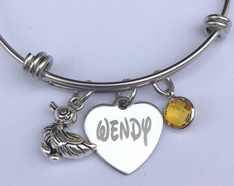 Duck Bracelet-engraved Name charm bracelet with birthstone and Duckgreat for stacking and layering