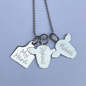 Cattle tag stainless steel necklace with personalized names on cows. Western necklace, cow girl necklace,