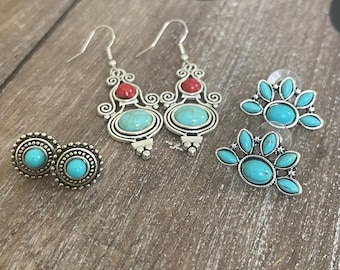 Set of 3 silver color metal vintage earrings set. Faux turquoise stones-Southwest style