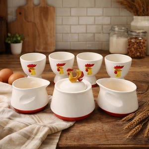 Puede incluir: Un conjunto de cerámica blanca para la cocina con detalles rojos y diseños de gallos. El juego incluye hueveras, un azucarero con tapa de gallo y una jarra para crema. El diseño del gallo es amarillo y rojo.