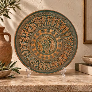 May include: A circular decorative plate featuring a teal and copper-toned finish with intricate relief carvings. The center displays a central figure surrounded by spiral motifs, while the outer border depicts a procession of figures in motion.