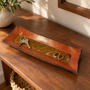 Signed Studio Pottery Ceramic Tray, 11-Inch Rust and Olive Abstract Rectangular Catchall Dish