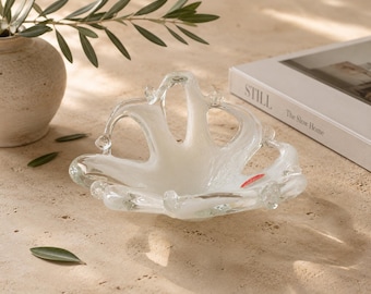 Vintage Murano Style White Art Glass Bowl Wavy Ribbon Edge Italian Glass 7 Inch
