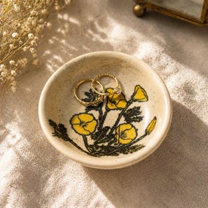 Handmade Studio Pottery Ring Dish Yellow Floral Trinket Bowl Small Ceramic Catchall