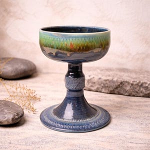 Signed John Myers Studio Pottery Pedestal Bowl Blue Green Drip Glaze Compote 7”