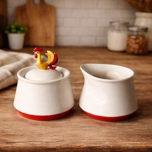 May include: A white ceramic sugar bowl and creamer set. The sugar bowl has a lid with a rooster figurine on top. Both pieces have a red base. The creamer has a curved spout.