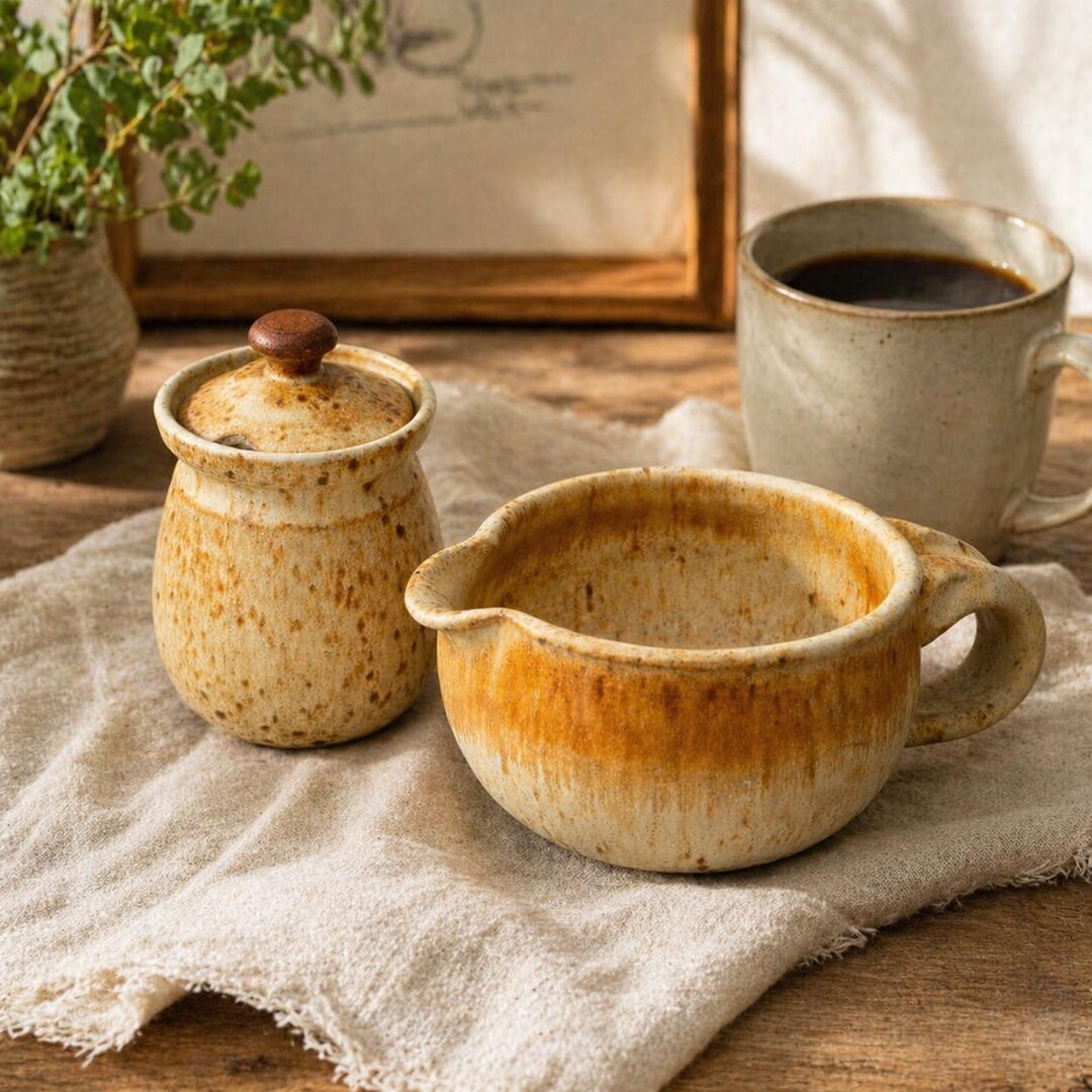 Vintage Hand Thrown Stoneware Sugar Creamer Set, Earth Tone Drip Glaze ...