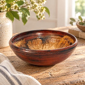 May include: A round ceramic bowl featuring a deep reddish-brown exterior with dark charcoal streaks. The interior displays a contrasting textured golden-tan center that transitions into a dark, mottled rim, showcasing a hand-finished appearance.