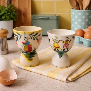 May include: Two ceramic egg cups with hand-painted folk art designs. One cup features a woman in a red and blue dress, the other depicts two women in yellow and red dresses. The cups sit on a yellow striped cloth.