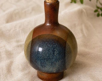Vintage Studio Pottery Decanter with Cork Stopper, Handmade Stoneware Barware, Rustic Whiskey Bottle, Neutral Minimalist Decor Gift