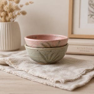 Hand Thrown Pottery Bowls Set, Rustic Stoneware, Neutral Home Decor, Botanical Impressions