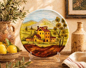 Plato vintage italiano con paisaje: Decoración de pared de cerámica pintada a mano con diseño de villa toscana