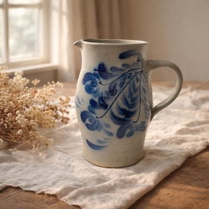 May include: A stoneware pitcher with a handle and spout, featuring a blue floral design. The pitcher has a light beige base color and is sitting on a white linen cloth. The pitcher is a decorative item.