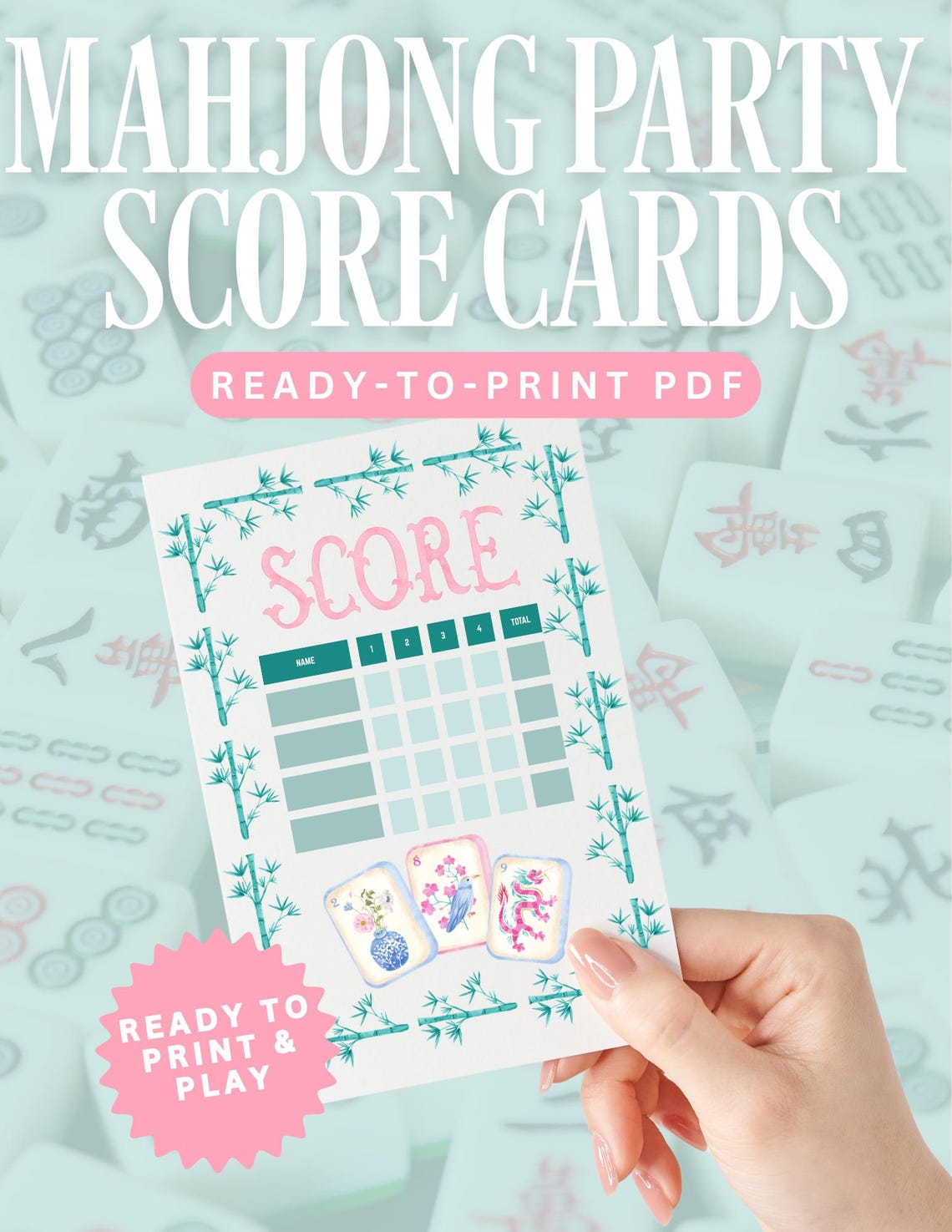 Mahjong Score Card.pdf Mahjong Score Cards Printable | Watercolor Chinoiserie Mahjong Tile ...