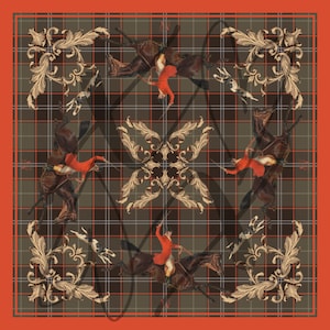 May include: Square scarf with a plaid pattern in shades of brown, green, and orange. The design features riders on horseback in red coats, hounds, and ornate gold flourishes. The scarf has an orange border.