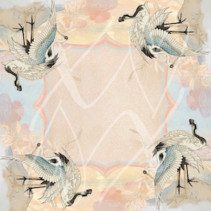 May include: Square patterned textile featuring four cranes in flight, with wings spread, in a Japanese art style. The birds are in shades of white, black, and blue. The background has a soft, watercolor effect with peach, blue, and beige tones.