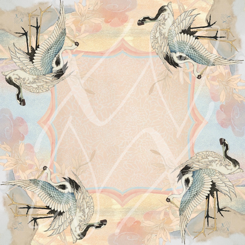 May include: Square patterned textile featuring four cranes in flight, with wings spread, in a Japanese art style. The birds are in shades of white, black, and blue. The background has a soft, watercolor effect with peach, blue, and beige tones.