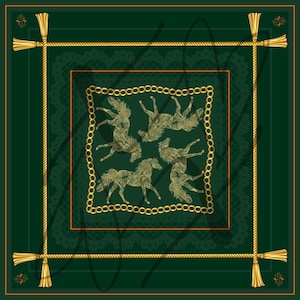 May include: A square, dark green scarf with a gold rope border and tassels at each corner. The center features a gold chain border around four gold-colored horse illustrations.